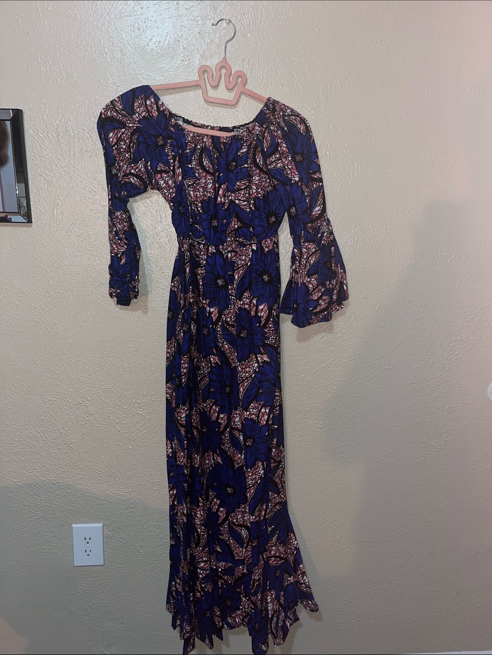 Navy Floral Off-Shoulder Maxi Dress with Elastic Waist